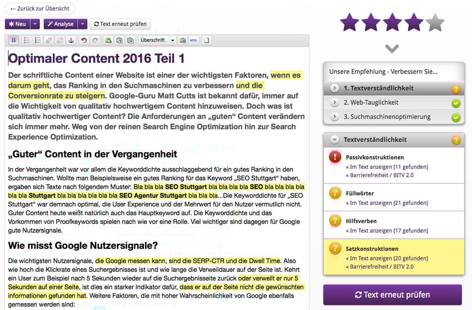 Optimaler SEO Content: Analyse Textlesbarkeit und Webtauglichkeit von wolter e-marketing