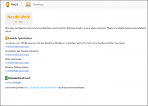 Mobil-Auswertung des Google PageSpeed Tools.